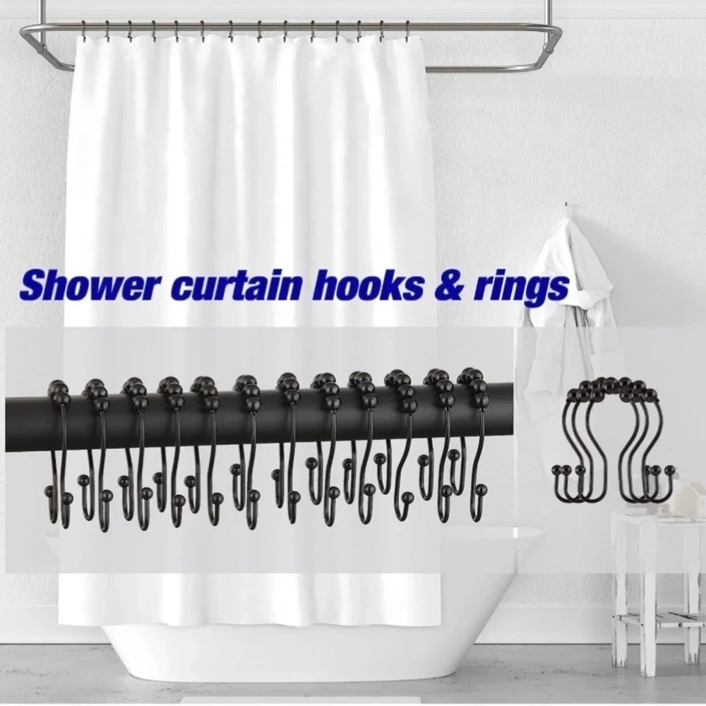 Sultan’s Linens Double Shower Hooks Roller Stainless 12 Piece Black Matt Finish